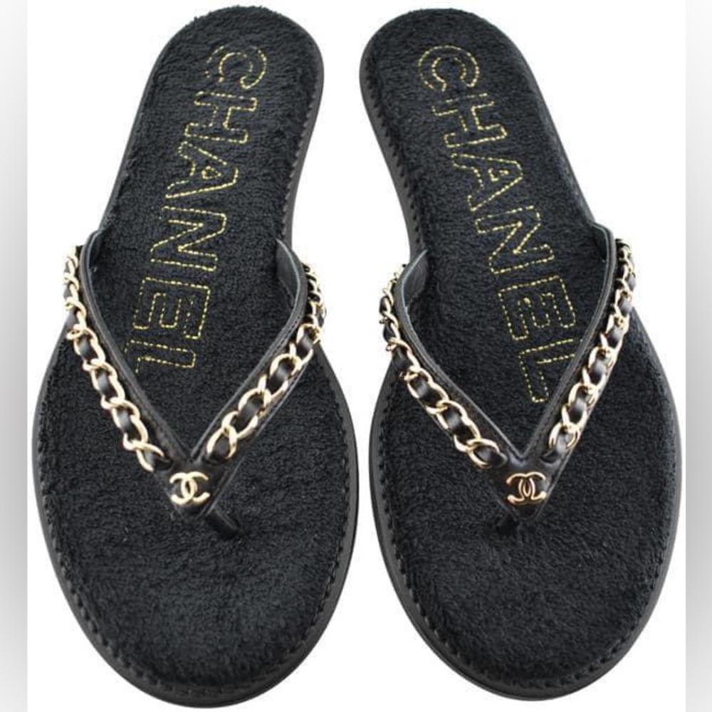 Black Terry and Leather chanel logo Sandals